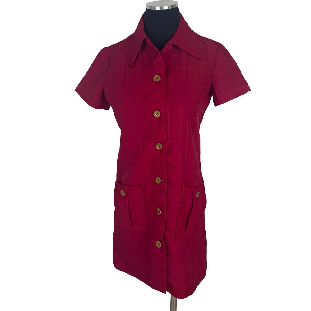Vintage 60s Mod Tunic Top Maroon Dagger Collar Button Down Textured Micro Mini
